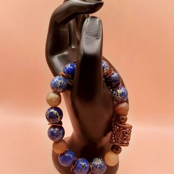 Royal Blue Imperial Jasper, Druzy Agate, Bronzite and Copper Bracelet - Picture 2 of 5
